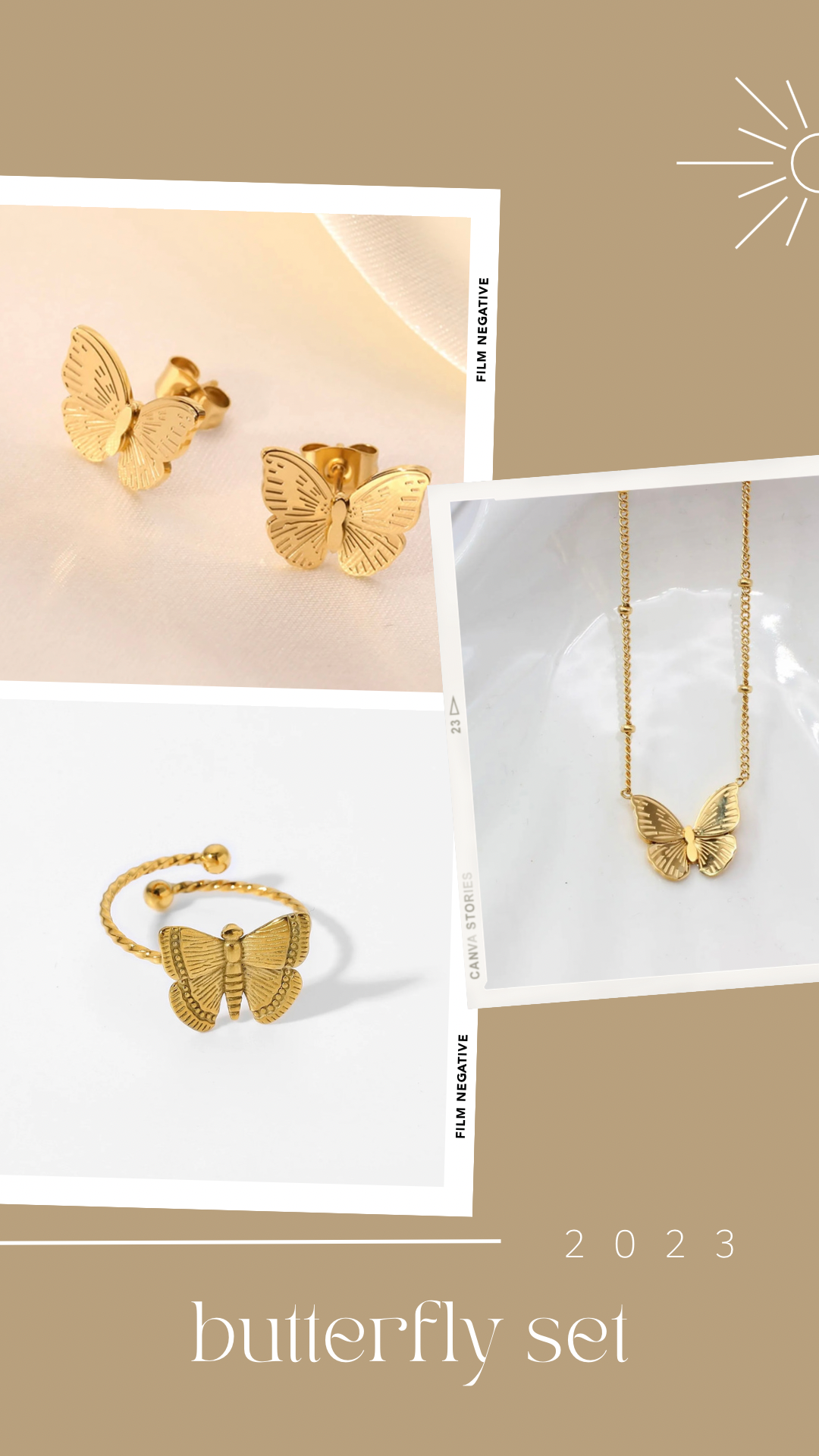 3 Piece Set: 18K Gold Plated Butterfly Earrings, Ring and Necklace