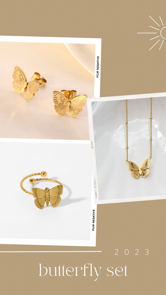 3 Piece Set: 18K Gold Plated Butterfly Earrings, Ring and Necklace