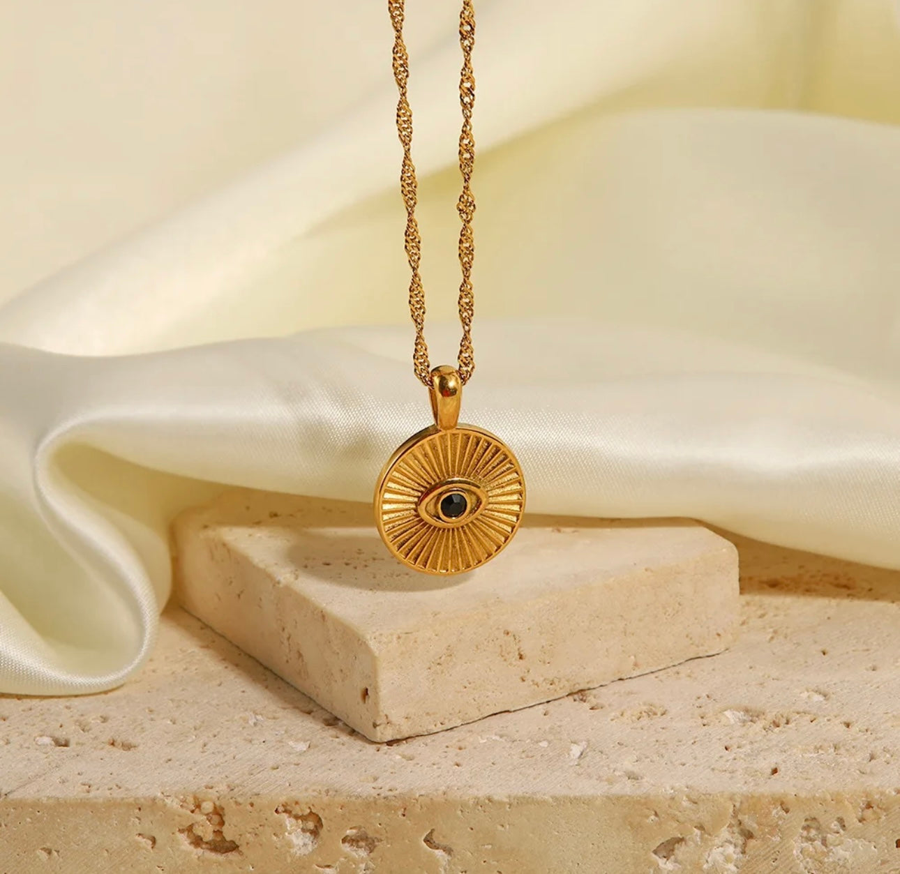 18k gold plated natural stone necklace with round eye pendant