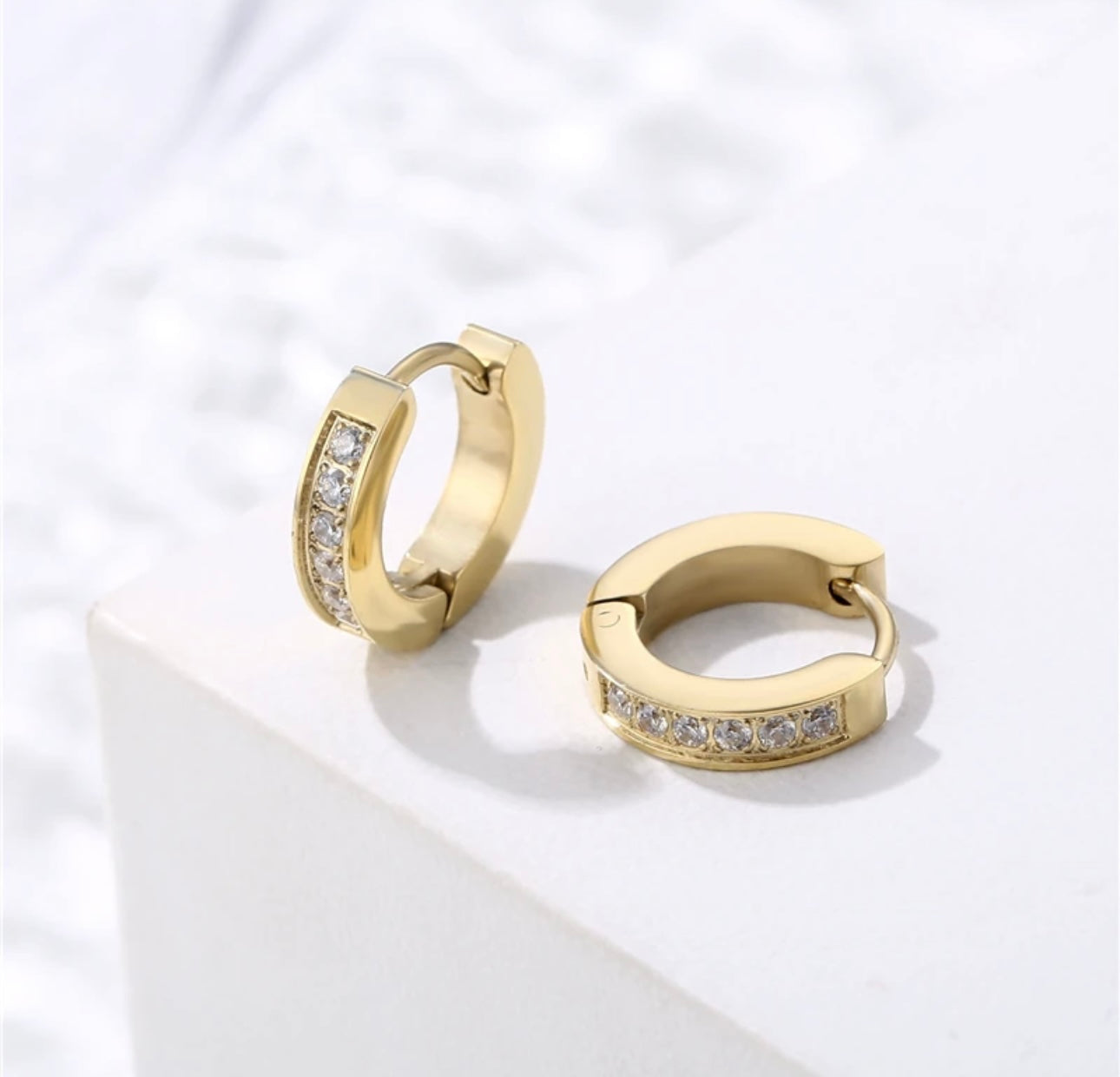 Cubic Zirconia Huggie Hoop Earrings, 14K Gold Plated