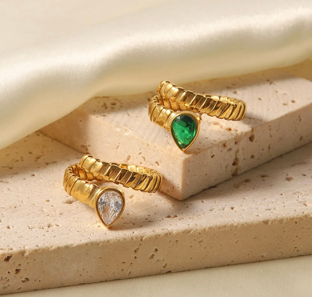 18K gold plated green zircon adjustable ring