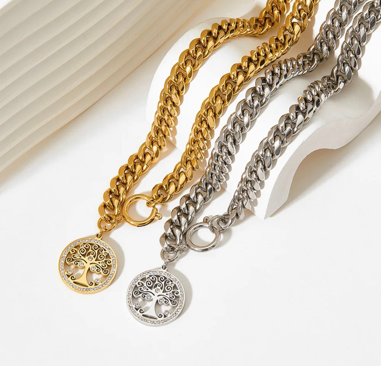 3 pieces set: 18k Gold Plated Tree of Life Cuban Chain Bracelet and Earrings Complete Set