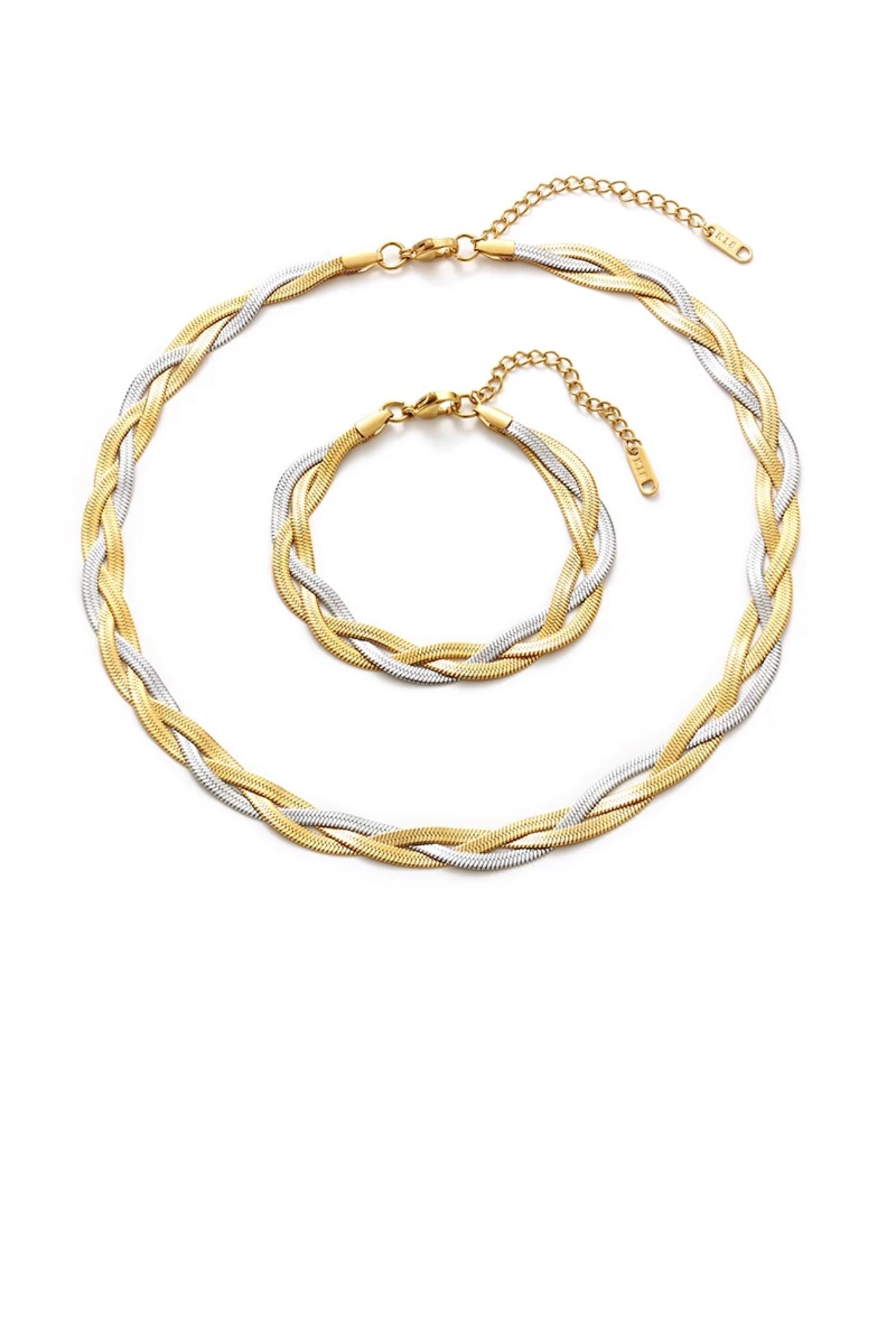 2 pieces Set: 18K gold 3-layer braided necklace &  bracelet