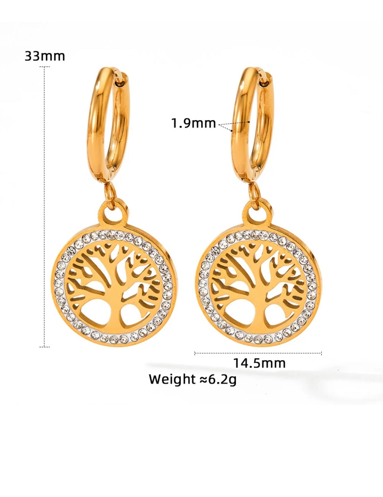 3 pieces set: 18k Gold Plated Tree of Life Cuban Chain Bracelet and Earrings Complete Set