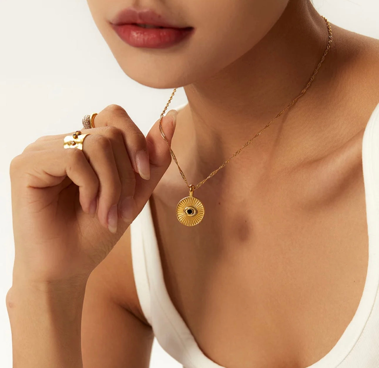 18k gold plated natural stone necklace with round eye pendant